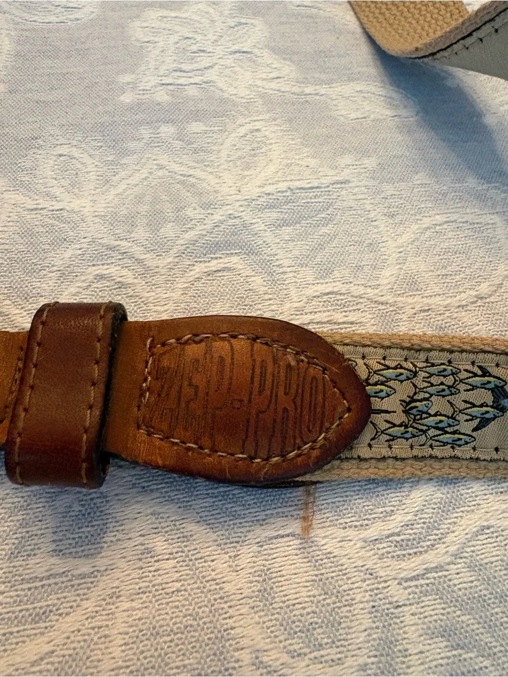 Zep Pro Men's Beige Canvas Belt with Brown Leather Trim and Marlin Embroidery